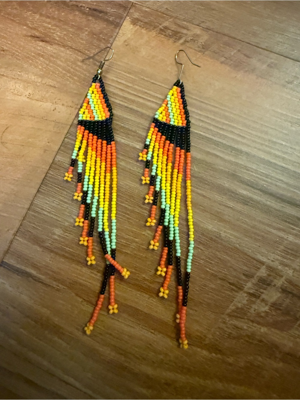 MEXICANA Neon Orange, Yellow, Mint & Black Beaded Fringe Earrings NWOT